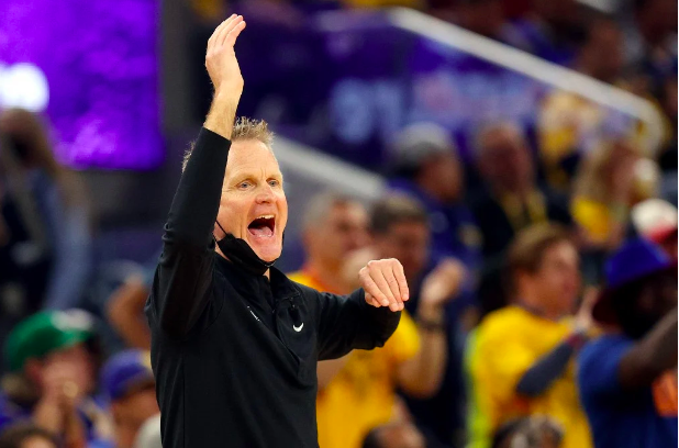 Head coach Steve Kerr of the Golden State Warriors gestures during the second quarter against the Boston Celtics in Game One of the 2022 NBA Finals at Chase Center on June 02, 2022 in San Francisco, California. Ezra Shaw/Getty Images/AFP