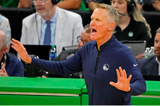 Golden State Warriors head coach Steve Kerr reacts during the first quarter against the Boston Celtics in game six of the 2022 NBA Finals at TD Garden. (Kyle Terada-USA TODAY Sports/File Photo)