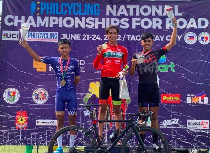 Khalil Sanchez (right) poses on the podium along with the winning cyclists in the men's junior mass start. | Sanchez's FB