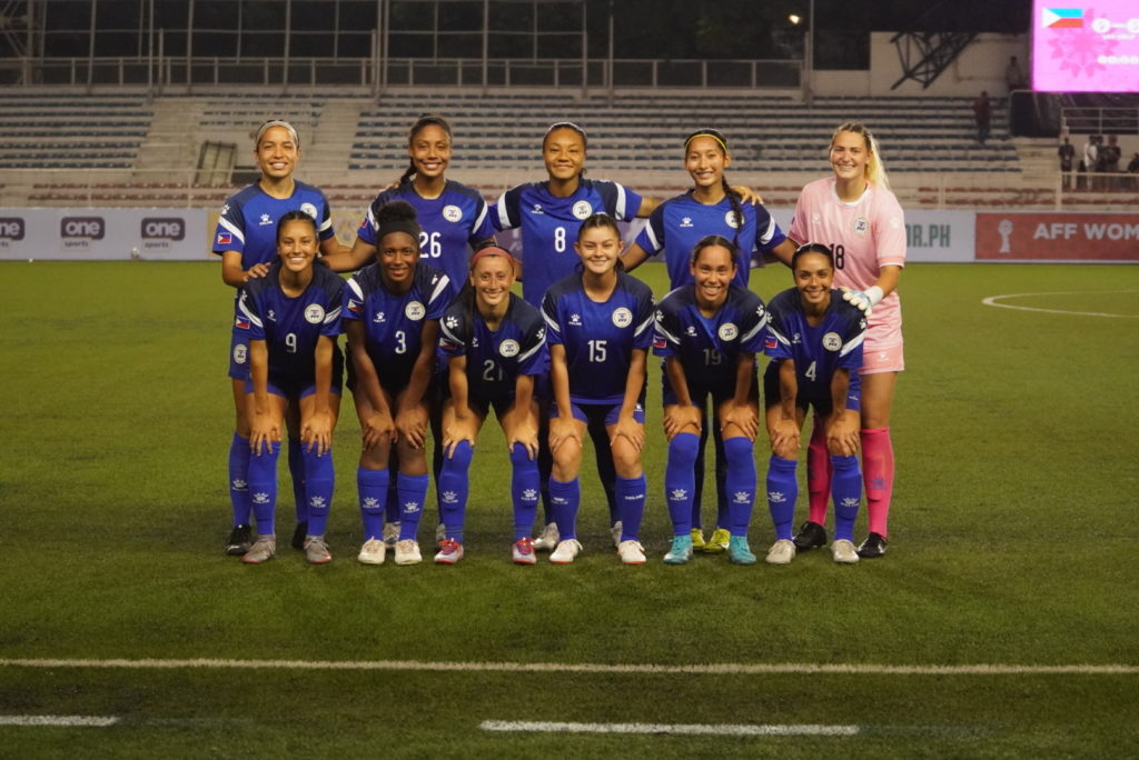 The Filipinas take time out for a photo op after stunning a heavily favored Australian women's team at the start of the Asian Football Association Women's Championship at the Rizal Memorial Football Stadium in Manila on Monday evening, July 4.  |  Photo from the PFF website