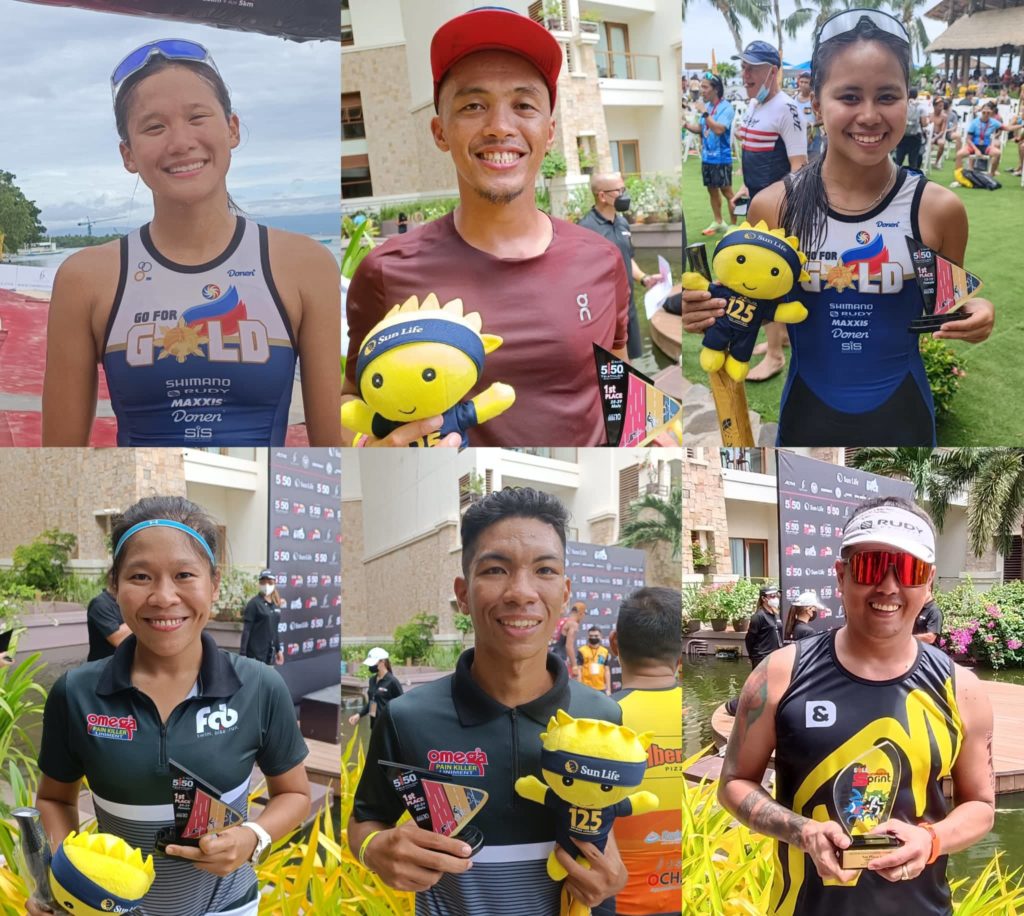 Triathletes from Cebu rule Bohol triathlon. Cebuano triathletes have topped their respective age groups in the Sun Life 5150 and Go For Gold Sprint triathlon Event. They are Raven Faith Alcoseba (Clockwise from left), Kristiane Lim, Moira Frances Erediano, Voltaire Montebon, Justice Sousa, and Cianyl Gonzales. | Glendale Rosal