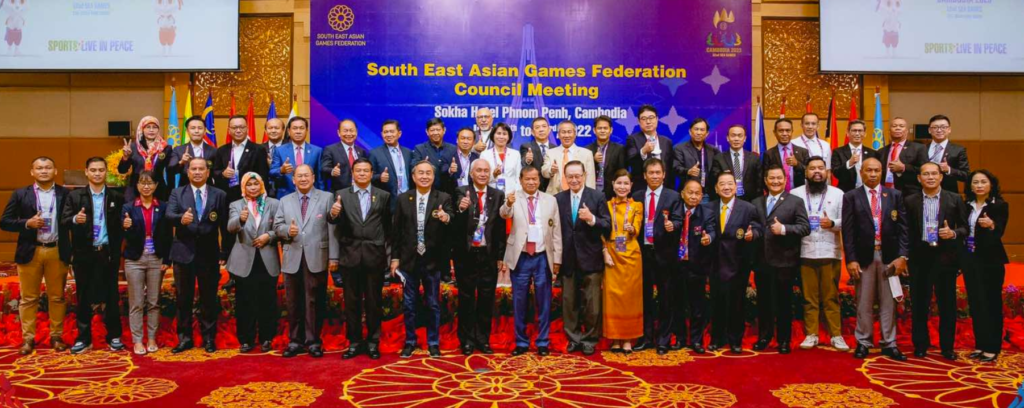 Philippine Olympic Committee (POC) President Rep. Abraham “Bambol” Tolentino (eighth from left, first row) gives a thumbs up sign during the SEA Games Federation Council Meeting in Phnom Penh, Cambodia. | Photo from the POC