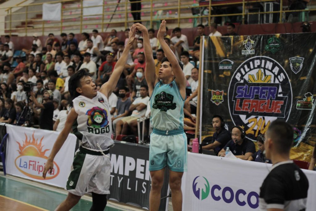 Lapu-Lapu City’s Jeco Bancale shoots a jumper while being defended during their game versus the Bogo City Bugoys on Saturday. | Photos from PSL Media Bureau.