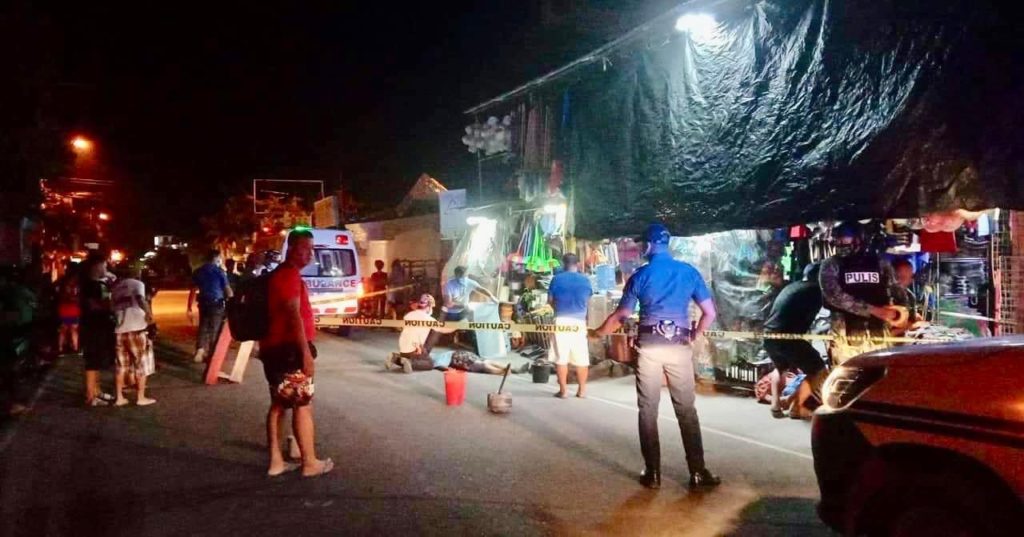 business, personal affairs eyed in killing of store owner. In photo is the crime scene where a 57-year-old store owner was shot and killed by a motorcycle riding assailant on Sunday night in Talisay City. 