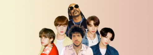 BTS members Jin (2nd from L), Jimin (2nd from R), V (L) and Jungkook (R), with producer-singer-songwriter Benny Blanco (C, bottom row) and rapper Snoop Dogg. Image: Big Hit Music via Yonhap/The Korea Herald