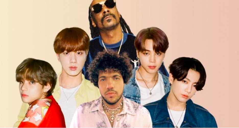BTS members Jin (2nd from L), Jimin (2nd from R), V (L) and Jungkook (R), with producer-singer-songwriter Benny Blanco (C, bottom row) and rapper Snoop Dogg. Image: Big Hit Music via Yonhap/The Korea Herald