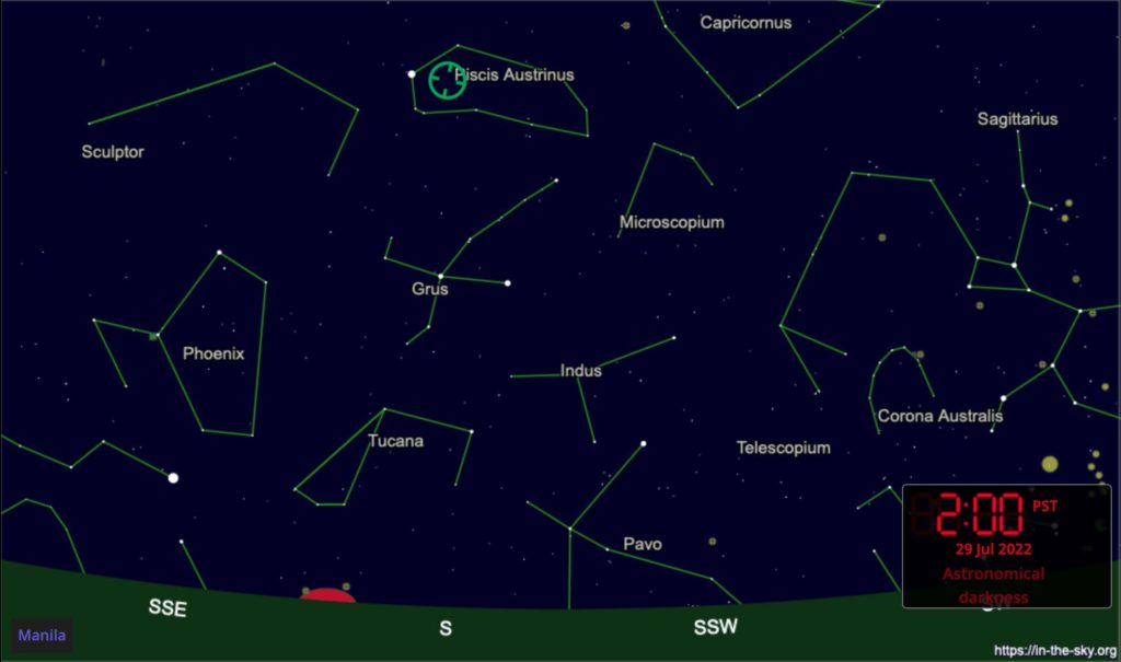 PAGASA: The view of the southern sky during the peak of Piscis Austrinids on 29 June 2022 at 2:00 AM when the shower's radiant, represented by the green solid circle, is highest in the sky.