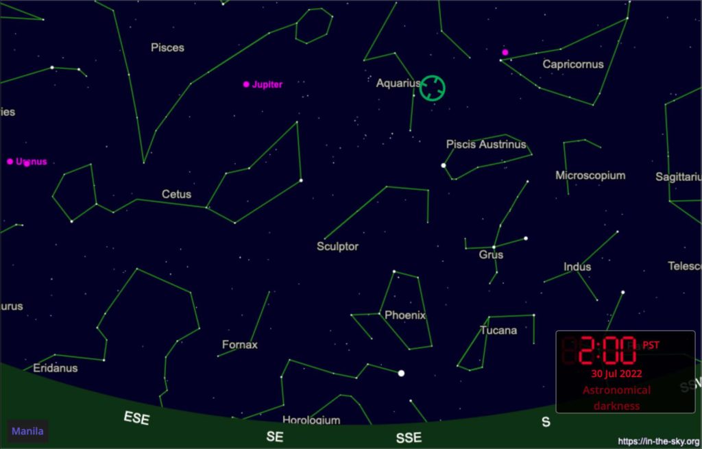 PAGASA: The view of the south southeastern sky during the peak of Southern 𝛿-Aquariids on July 30, 2022 at 2:00 a.m. when the shower's radiance, represented by the green solid circle, is highest in the sky.