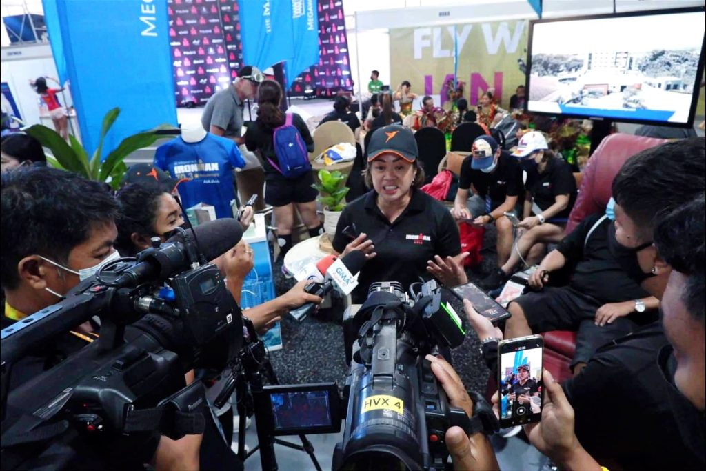 IRONMAN 70.3 ORGANIZER'S TAKE ON SUCCESSFUL RACE. Princess Galura (middle) answers questions from the media covering the Megaworld Cebu Ironman 70.3 Philippines. | Photo by John Velez Photography via Glendale Rosal