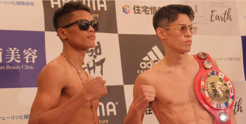 Tomjune Mangubat (left) and Masanori Rikiishi (right) make weight during the official weigh-in for their OPBF featherweight title bout. | Omega Boxing Gym FB page