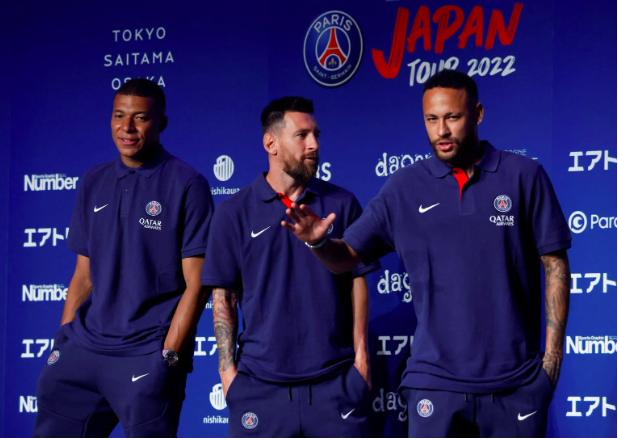 FILE PHOTO: Paris St Germain’s Lionel Messi, Neymar and Kylian Mbappe attend a news conference upon arrival in Tokyo for their team’s tour of Japan in Tokyo, Japan July 17, 2022. REUTERS/Issei Kato