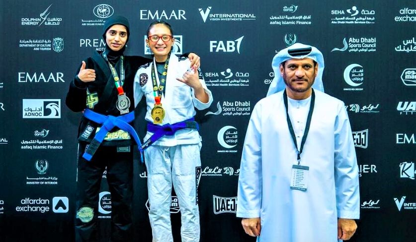 Eliecha Zoe Malilay (white gi) poses with her opponent, Rauda Nasser Alshamsi (black gi) of UAE during the awarding ceremony of the Abu Dhabi Jiu-Jitsu Pro (AJP) Tour UAE National Pro Gi. | Contributed Photo