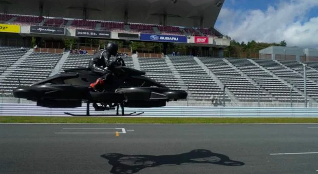 In a video grab from Japanese startup A.L.I. Technologies, the “XTurismo Limited Edition” hoverbike is pictured during its demonstration at Fuji Speedway in Oyama, Shizuoka Prefecture, Japan, October 26, 2021. A.L.I. Technologies/Handout via REUTERS