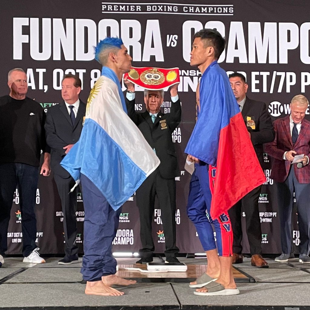 Fernando Daniel Martinez (left) and Jerwin Ancajas (right) face each other after passing the weigh-in of their world title rematch in Carson City, California. | Photo from Showtime Boxing