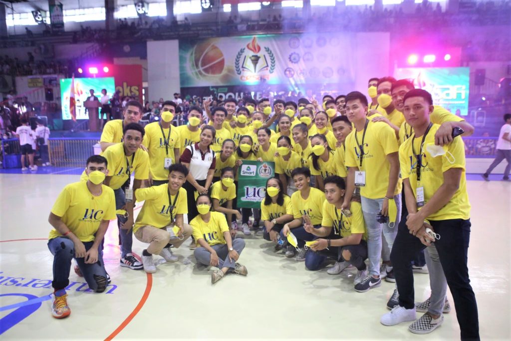 UC Webmasters Athletic Director Jessica Honoridez (in white shirt) joins her athletes during the opening ceremony of Cesafi Season 22 at the Cebu Coliseum. | UC Photographer Lito Tecson via Glendale Rosal