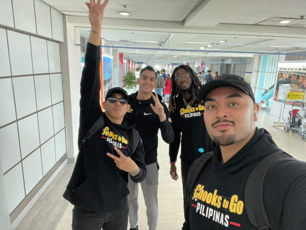 Members of the Cebu Chooks 3x3 team are seen at the airport. They are Mac Tallo (from left), Dennis Santos, Mike Harry Nzeusseu, and Brandon Ramirez. | Photo from Chooks-to-Go.