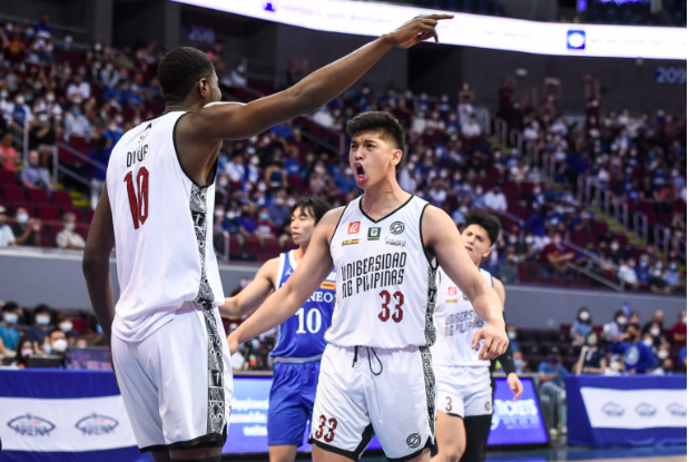 UP Fighting Maroons forward Carl Tamayo celebrates during a win over the Ateneo Blue Eagles in the UAAP Season 85 men’s basketball tournament at Mall of Asia Arena. UAAP PHOTO