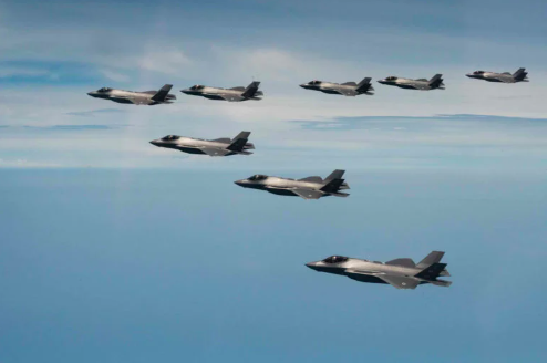 Eight F-35A fighters fly in formation during South Korea-US combined aerial drills, in this undated photo released Thursday by the South Korean Air Force. Seoul and Washington have conducted the four-day joint drills since Monday with F-35A stealth fighters for the first time. (Republic of Korea Air Force via The Korea Herald/Asia News Network)