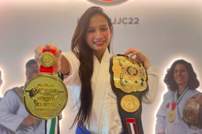 Eliecha Malilay showing her gold medal and the world champion's belt of the 14th Abu Dhabi World Youth Jiu-Jitsu Championships. | Photo courtesy of Dante Malilay via Glendale G. Rosal
