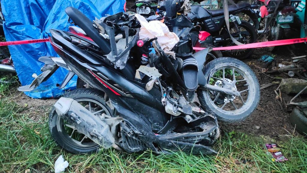 Photo of the badly damaged motorcycle for story: 2 motorcycle riders killed in Monday dawn crash in Talisay City