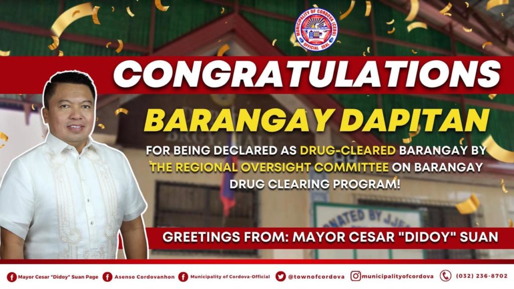 Cordova Mayor Cesar "Didoy" Suan congratulates Barangay Dapitan for being declared as a drug-cleared barangay. | Contributed photo