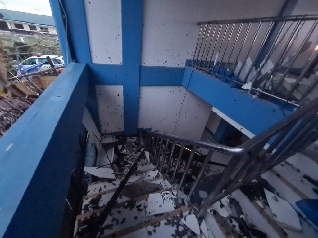 Debris are strewn on the stairs leading to the second floor of the Olango Police Station after the Super Typhoon Odette plowed through Cebu including Olango Island in Lapu-Lapu City. | Photo courtesy of Police Major Mike Gingoyon