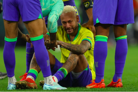 Brazil’s forward #10 Neymar reacts after his team lost the Qatar 2022 World Cup quarter-final football match between Croatia and Brazil at Education City Stadium in Al-Rayyan, west of Doha, on December 9, 2022. (Photo by Adrian DENNIS / AFP)