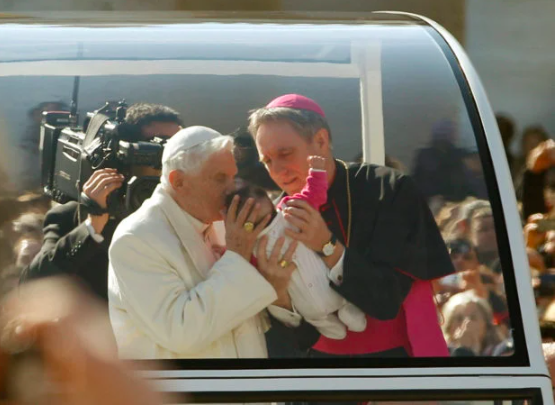 Former Pope Benedict was first pontiff to resign in 600 years. Pope Benedict XVI blesses a baby as he rides around St Peter’s Square to hold his last general audience at the Vatican February 27, 2013. REUTERS FILE PHOTO