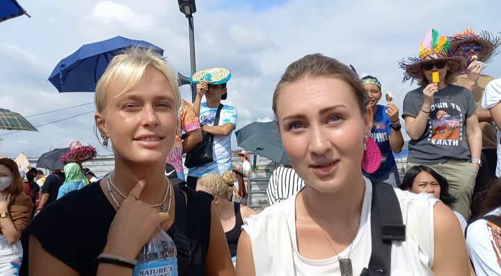Two visitors from Sweden has a fun experience watching the Sinulog Festival 2023 at the SRP. | Mary Rose Sagarino