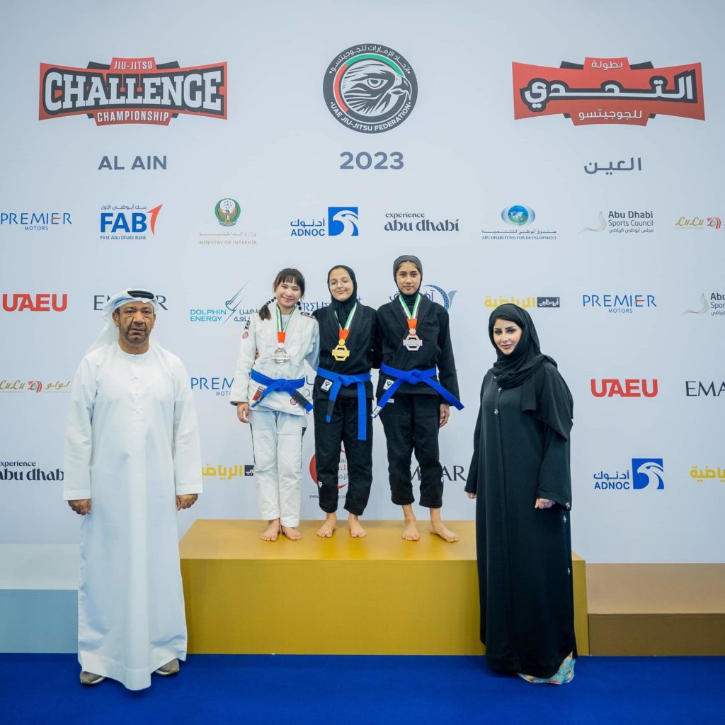Cebuana settles for silver in blue belt division of Abu Dhabi Jiujitsu competition. Ellise Xoe Malilay (leftmost on the podium) joins fellow winning BJJ athletes in the Challenge Jiu-Jitsu Al-Ain 2023 in Abu Dhabi, UAE, during the awarding ceremony last weekend. | Contributed photo
