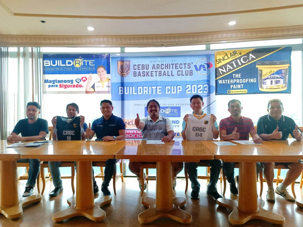 RG Gomez of Leon Kilat Chapter; (from left) Erwin Dalut, Buildrite technical sales officer; Gerald P. Lentorio, Buildrite National Sales Manager; CABC's Paolo Alberto and Oliver Tan; and Architect Armund Claro of the Cebu Chapter attend the press briefing of the Buildrite Cup. | Glendale Rosal