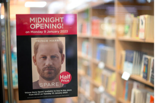 A poster advertising the forthcoming publication of the book ‘Spare’ by Britain’s Prince Harry, Duke of Sussex, is pictured in the window of a book store in London on January 6, 2023. AFP