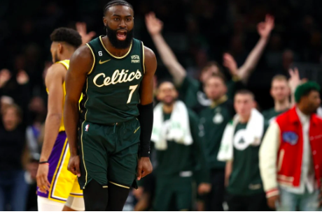 Jaylen Brown #7 of the Boston Celtics celebrates during the fourth quarter against the Los Angeles Lakers at TD Garden on January 28, 2023 in Boston, Massachusetts. The Celtics defeat the Lakers 125-121. Maddie Meyer/Getty Images/AFP