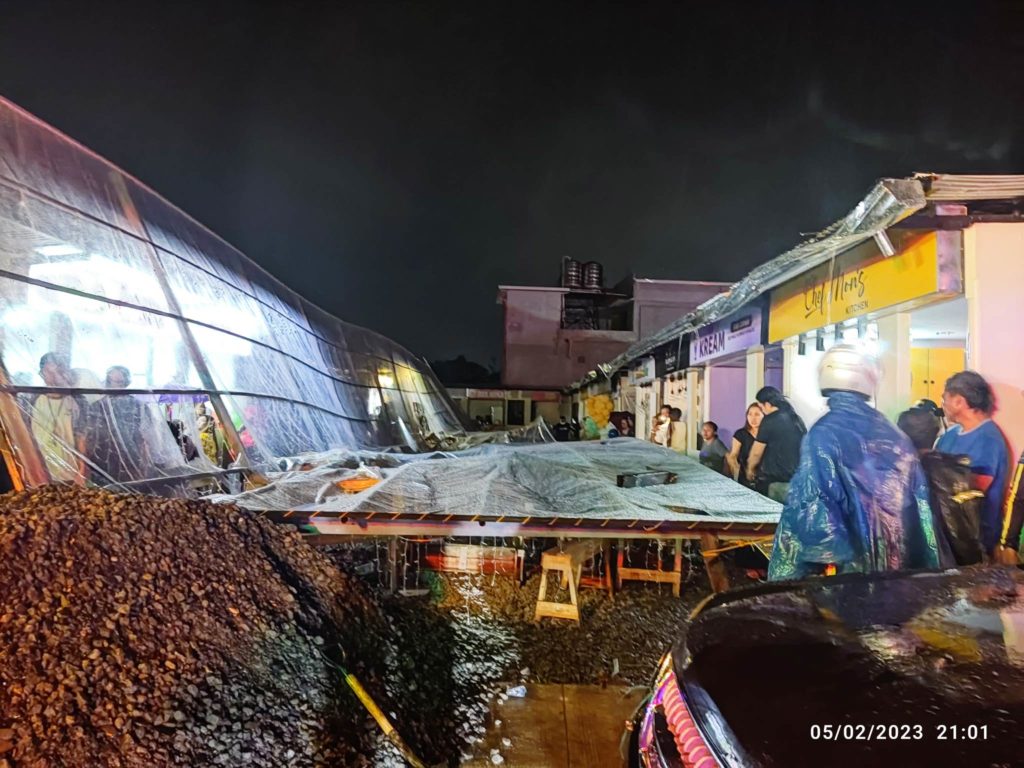 The collapsed roof of the food park in Barangay Marigabo, Lapu-Lapu City.