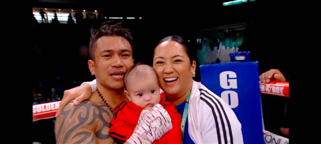 Mercito Gesta joined by his wife and his son in the ring after winning over Joseph Diaz Jr. | Screen grab from Golden Boy Promotions' video