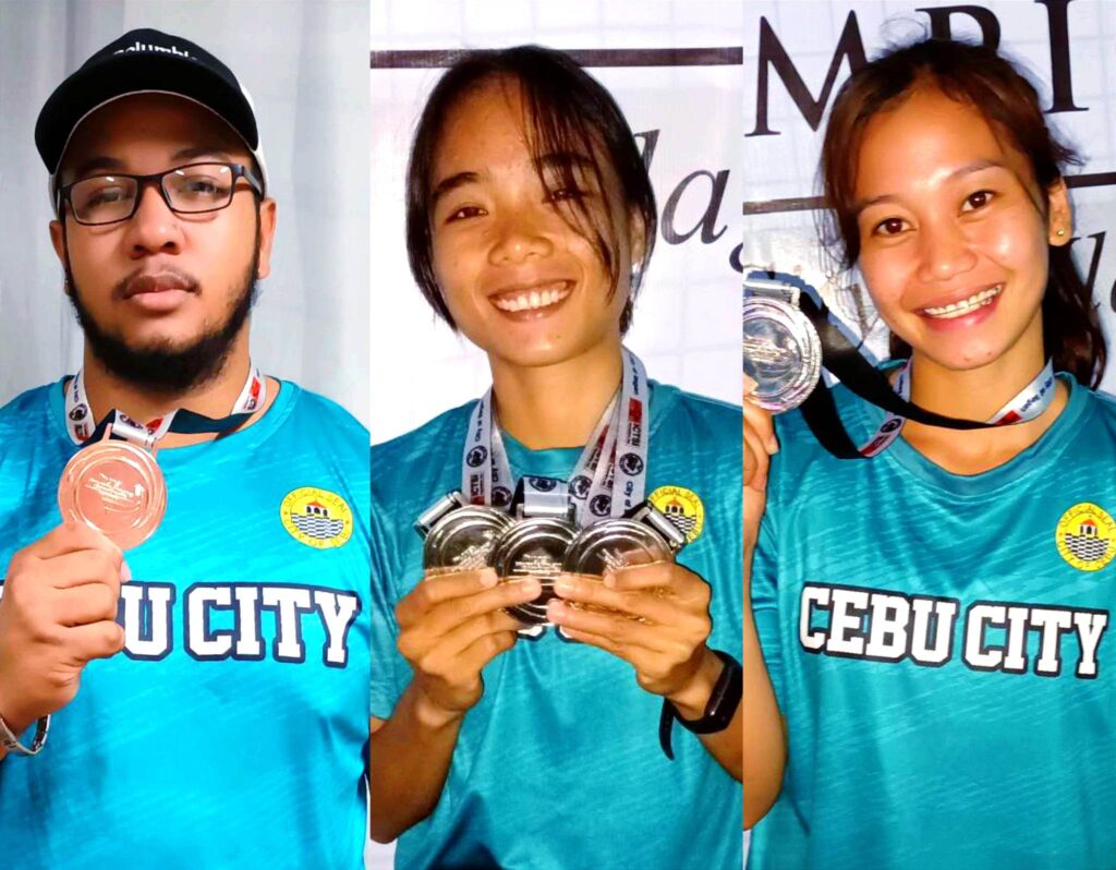 Art Joy Torregosa (center) wins 2 silver medals and a bronze medal for Team Cebu City while his teammates Dominic Woodard (left) and Jessa Mae Aviso (right) each won a silver medal in the Patafa ICTSI Philippine Athletics Championships in Ilagan City in Isabela. | Contributed photos
