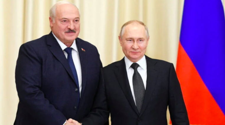 Russian President Vladimir Putin shakes hands with Belarusian President Alexander Lukashenko during a meeting at the Novo-Ogaryovo state residence outside Moscow, Russia February 17, 2023. (REUTERS)