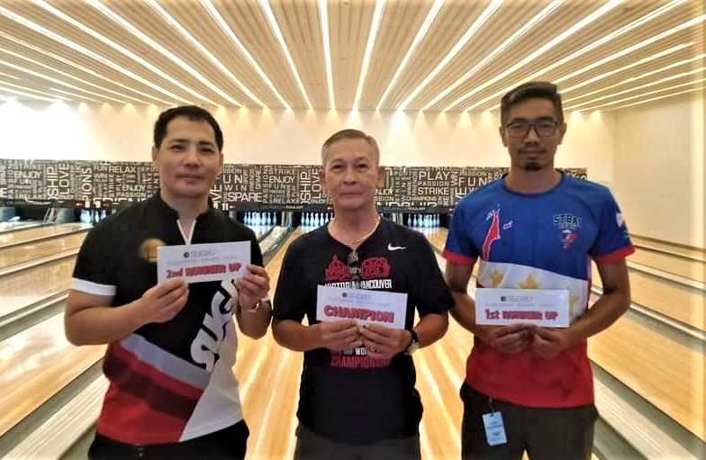 From left to right; Ted Convocar, Chris Ramil, and Luke Bolongan during the awarding ceremony of the SUGBU Bowling Shootout Tournament. 