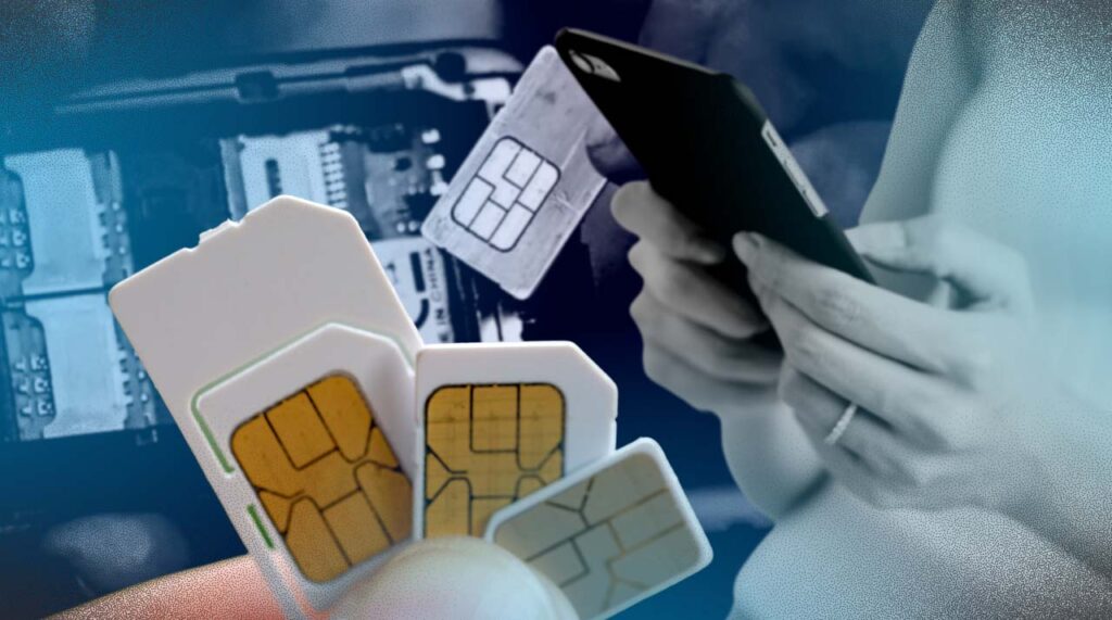 Photo showing a woman, who is texting, and some Sim cards.