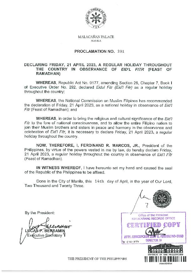 April 21 is a regular holiday in observance of Eid’l Fitr Palace