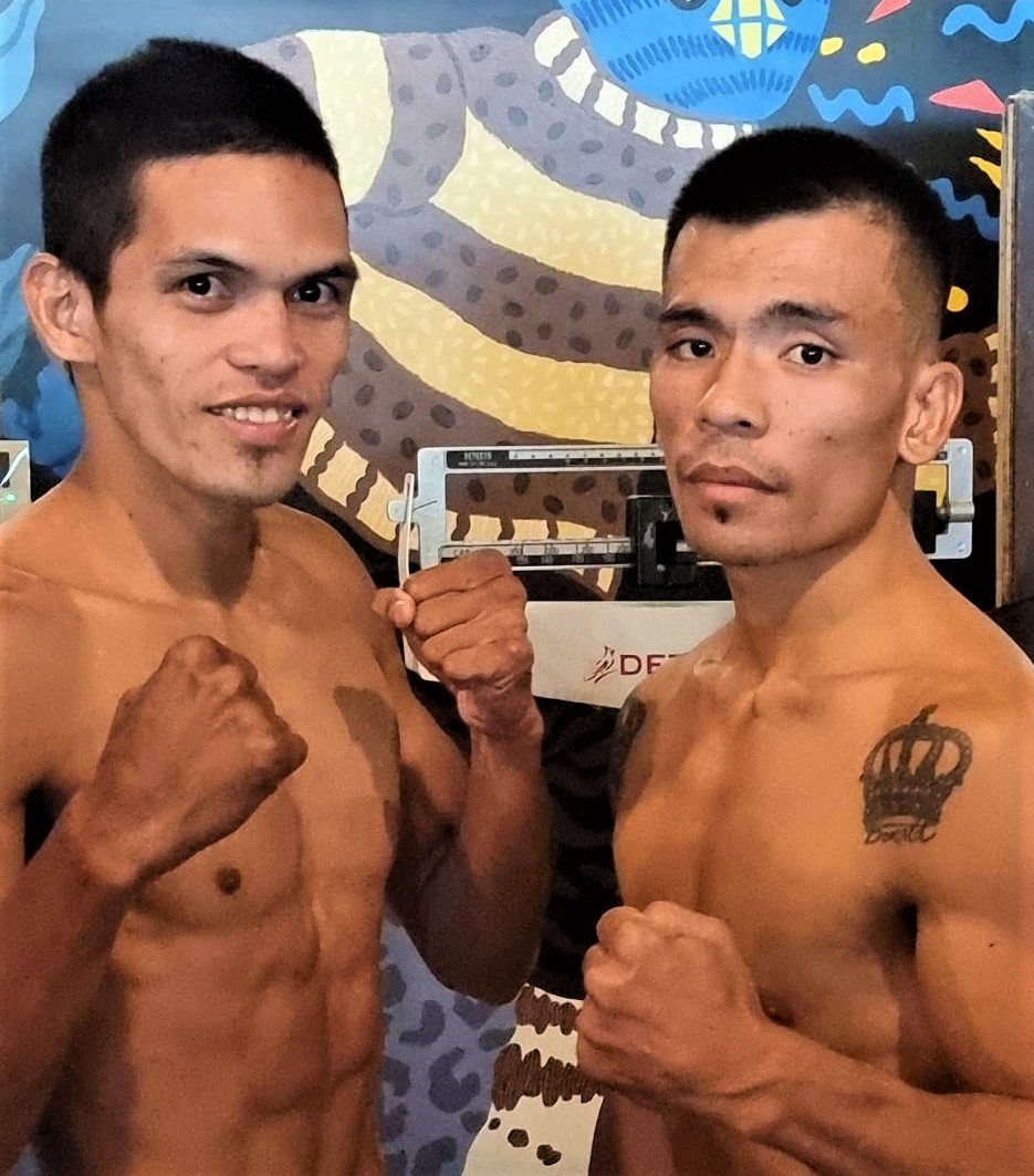 Piala, Alberca make weight, ready to fight in Engkwentro 10 mainer in San Fernando. Alan Alberca (left) and Rodex Piala (right) strike a pose during the Engkwentro 10 official weigh-in on Friday. | Contributed Photo