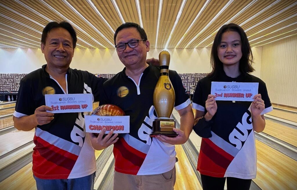 Manny Bueno (from left), Lemuel Paquibut, and Nicah Ceniza pose for a photo during the awarding of the SUGBU Bowler of the Month tilt at the SM Seaside City Cebu Bowling Center on Sunday, April 30, 2023. | Contributed Photo