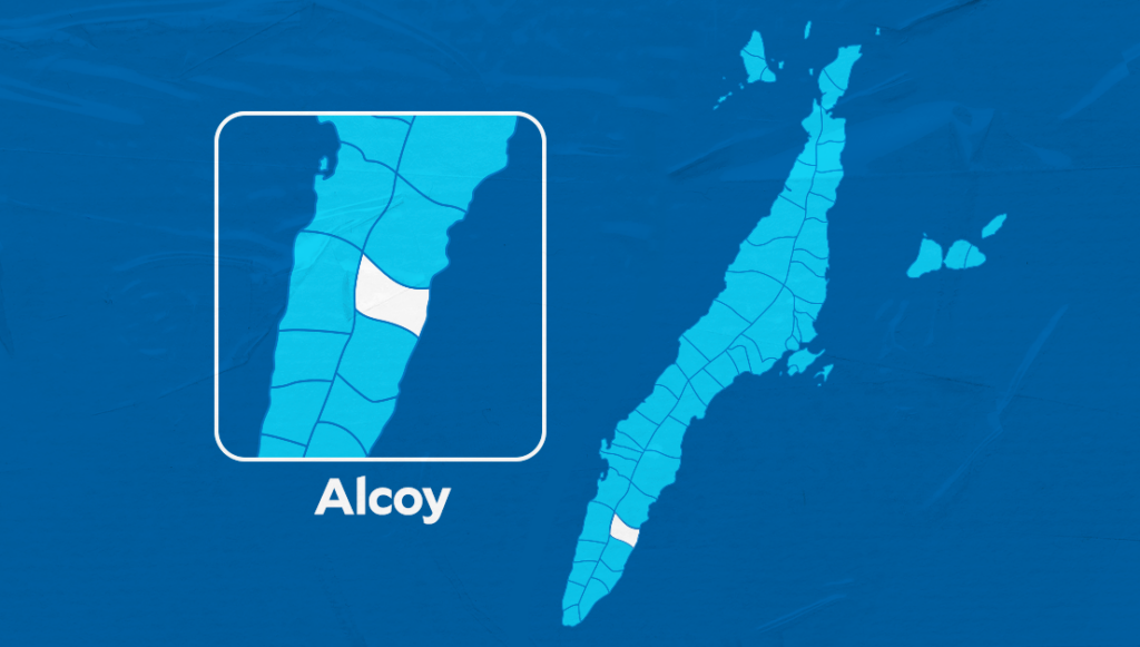 Alcoy, Cebu: Farmer hacks German neighbor over banana plants. In photo is the map indicating Alcoy.