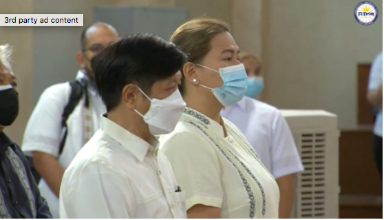 President Ferdinand “Bongbong” Marcos Jr. and Vice President Sara Duterte attend a mass on the first day of their term. Screengrab from RTVM / Facebook