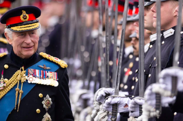 King Charles III inspects the 200th Sovereign’s parade at Royal Military Academy Sandhurst on April 14, 2023 in Camberley, England. (Dan Kitwood/Pool via REUTERS)