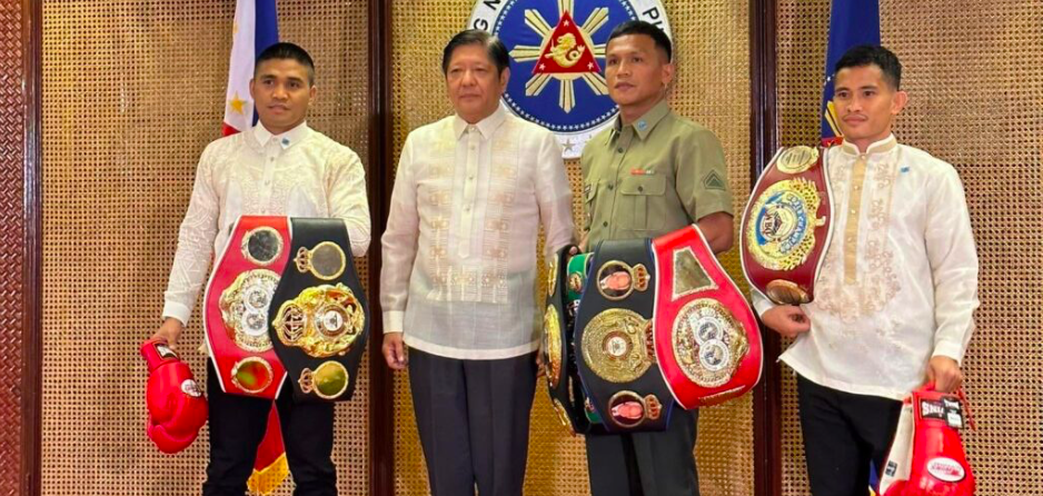New Filipino boxing champions pay a courtesy call to President Ferdinand Marcos Jr. (second from left) at the Malacañang Palace. They are Marlon Tapales (from left) Charly Suarez, and Melvin Jerusalem.