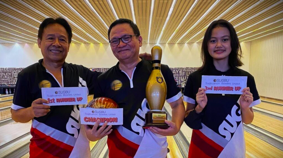 Manny Bueno (from left), Lemuel Paquibut, and Nicah Ceniza pose for a photo during the awarding of the SUGBU Bowler of the Month tilt at the SM Seaside City Cebu Bowling Center on Sunday, April 30, 2023. | Contributed Photo