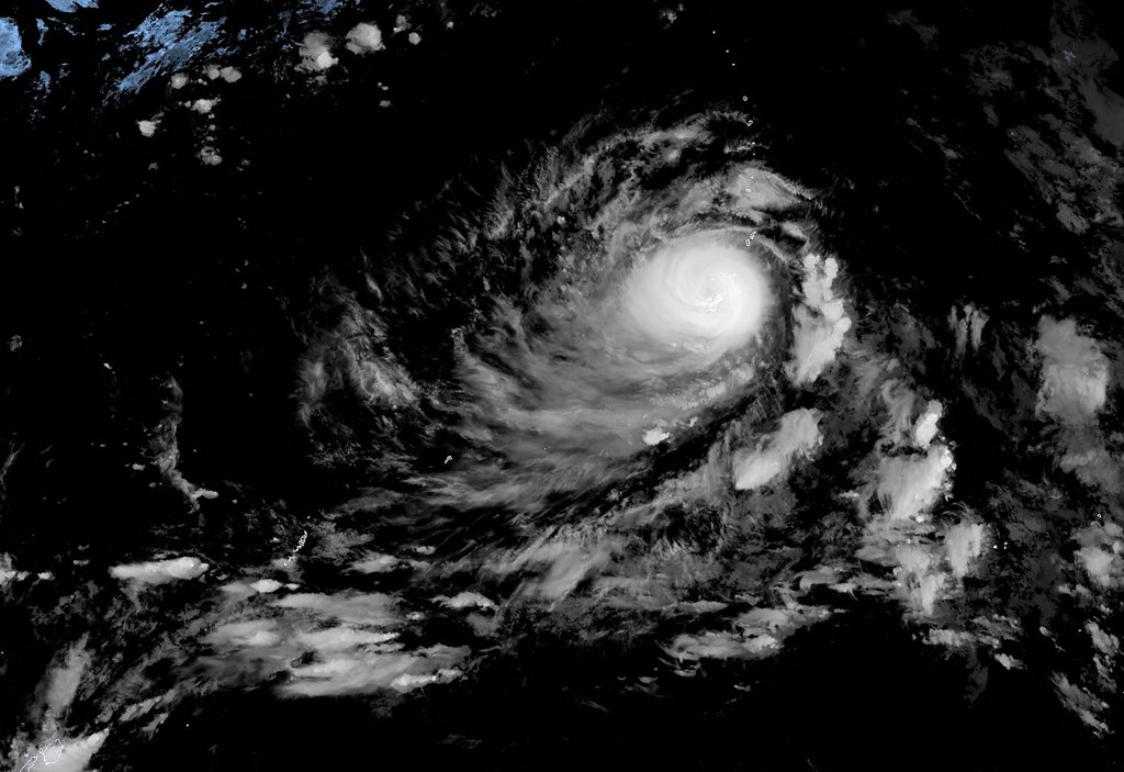 This is a satellite image obtained from the The National Oceanic and Atmospheric Administration shows Typhoon Mawar, over Guam on May 24, 2023, at 12:30 UTC. Mawar roared over the US territory of Guam on Wednesday, bringing destructive winds to the Pacific military outpost. | Photo by Jose ROMERO AFP / NOAA/RAMMB