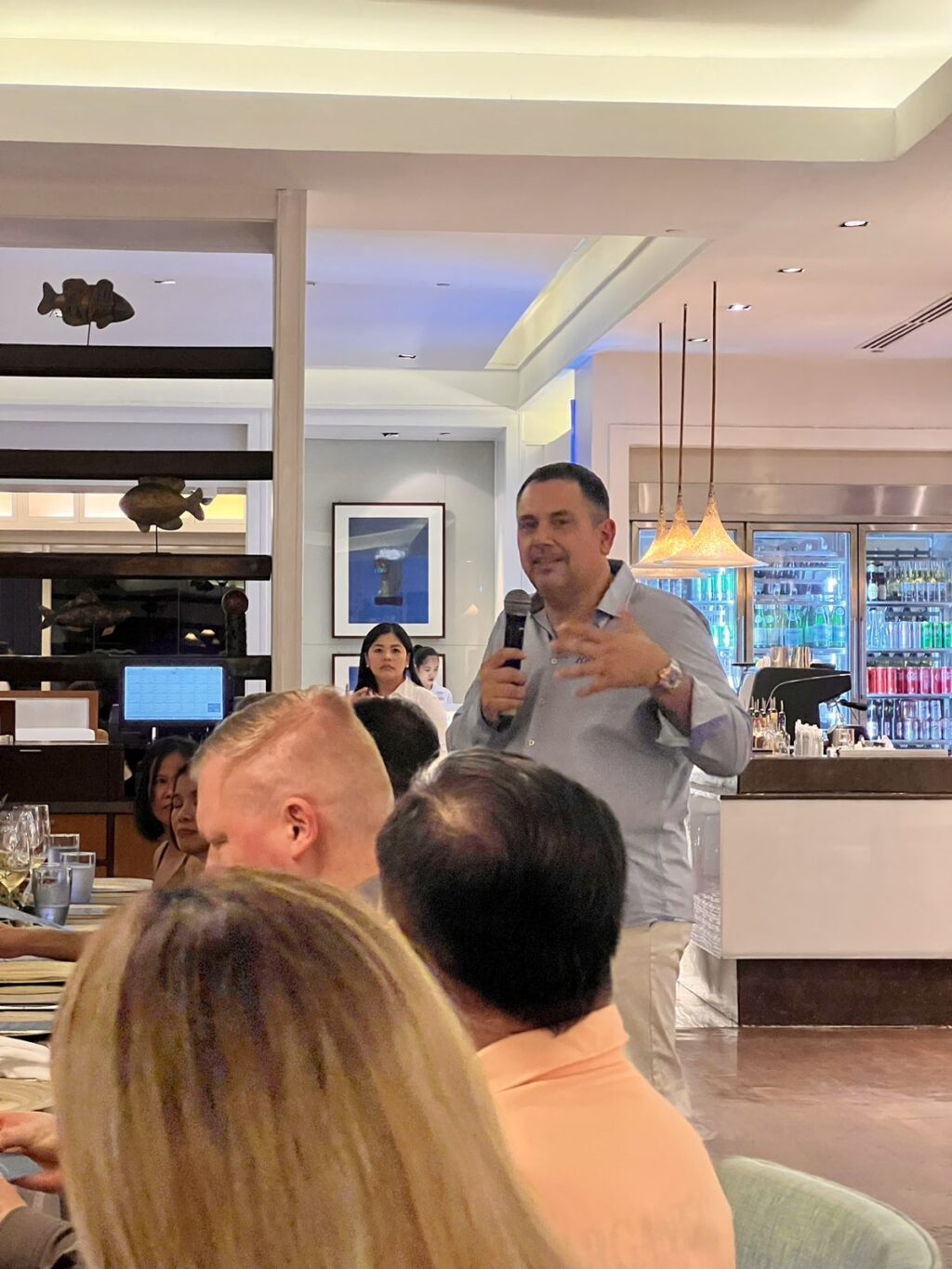Winemaker Luc Baudet speaks before guests of Shangri-La Mactan's Acqua during the wine pairing event featuring wines from Rhône Valley.