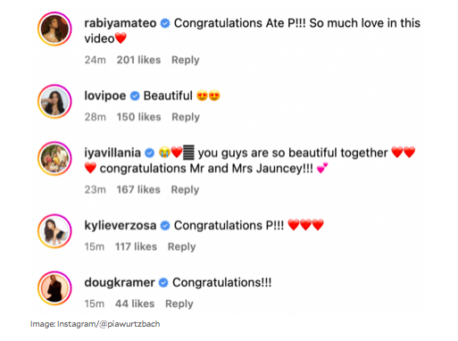 Pia Wurtzbach announces she got married to Jeremy Jauncey. Photo are comments congratulating Pia and Jeremy for their wedding.
